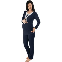 M.M.C. Umstandsschlafanzug Set Spitze Umstandspyjama Mit Stillfunktion Dunkelblau