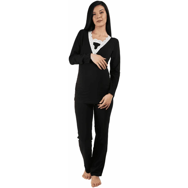M.M.C. Umstandsschlafanzug Set Spitze Umstandspyjama Mit Stillfunktion Schwarz – Bild 3