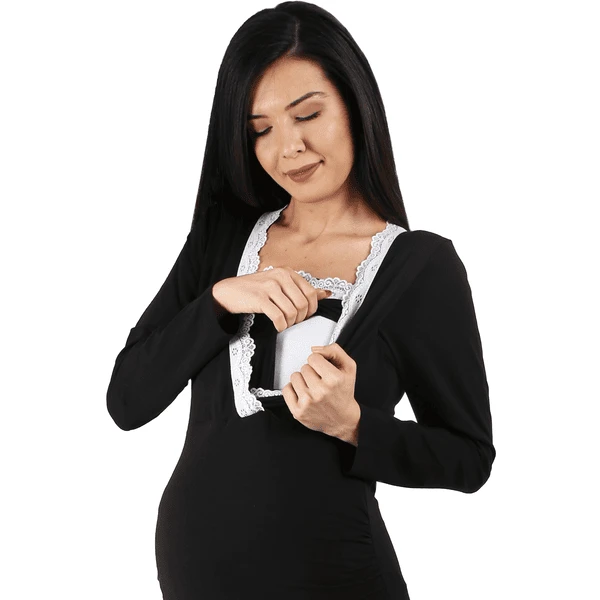 M.M.C. Umstandsschlafanzug Set Spitze Umstandspyjama Mit Stillfunktion Schwarz – Bild 5