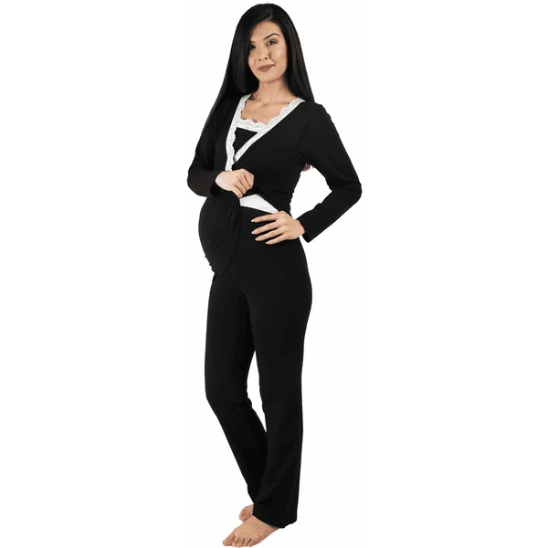 M.M.C. Umstandsschlafanzug Set Spitze Umstandspyjama Mit Stillfunktion Schwarz – Bild 6