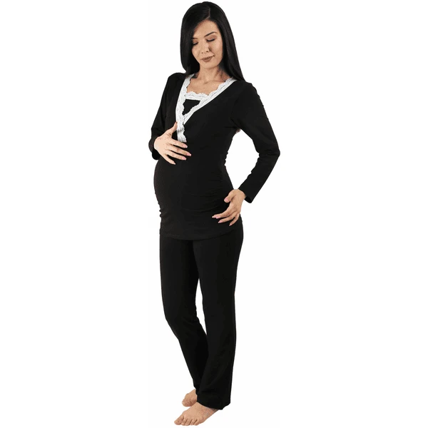 M.M.C. Umstandsschlafanzug Set Spitze Umstandspyjama Mit Stillfunktion Schwarz